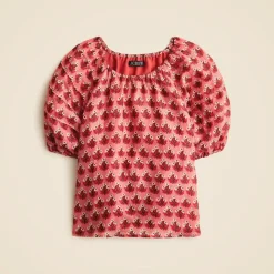 Puff-sleeve top in block-print ramie