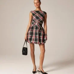 Ruched bubble-hem dress in Stewart tartan taffeta