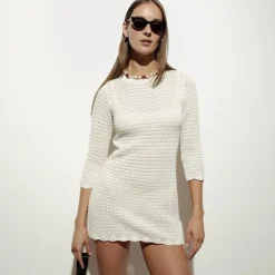 Scallop-trim crochet mini dress