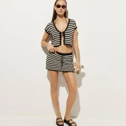Scallop-trim tie-front crochet top in stripe