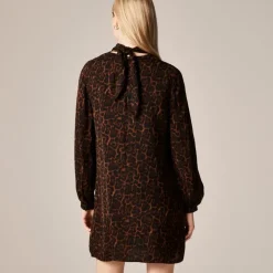 Scarf-neck shift dress in leopard print