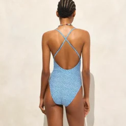 Scoopback one-piece swimsuit in floral-stripe print