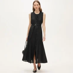 Seamed linen dress with removable belt