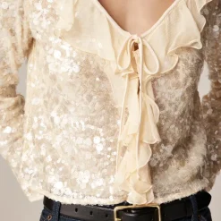 Sequin ruffle-trim shirt with ties