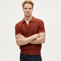 Short-sleeve cotton waffle-knit johnny-collar sweater-polo