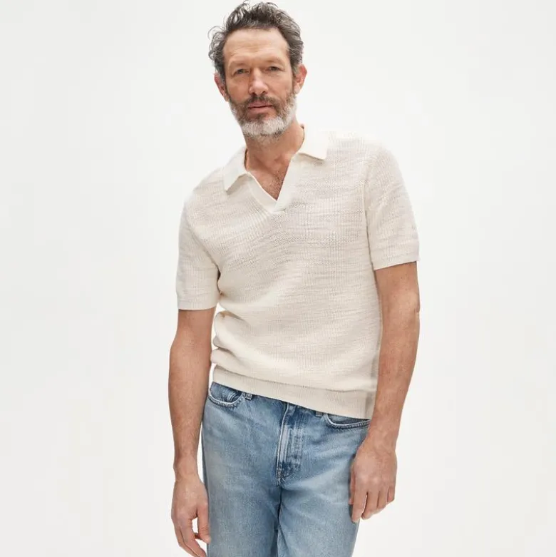 Short-sleeve cotton waffle-knit johnny-collar sweater-polo