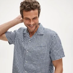Short-sleeve linen camp-collar shirt in gingham