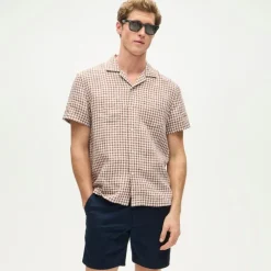 Short-sleeve linen camp-collar shirt in gingham