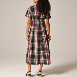 Short-sleeve midi dress in tartan cotton blend