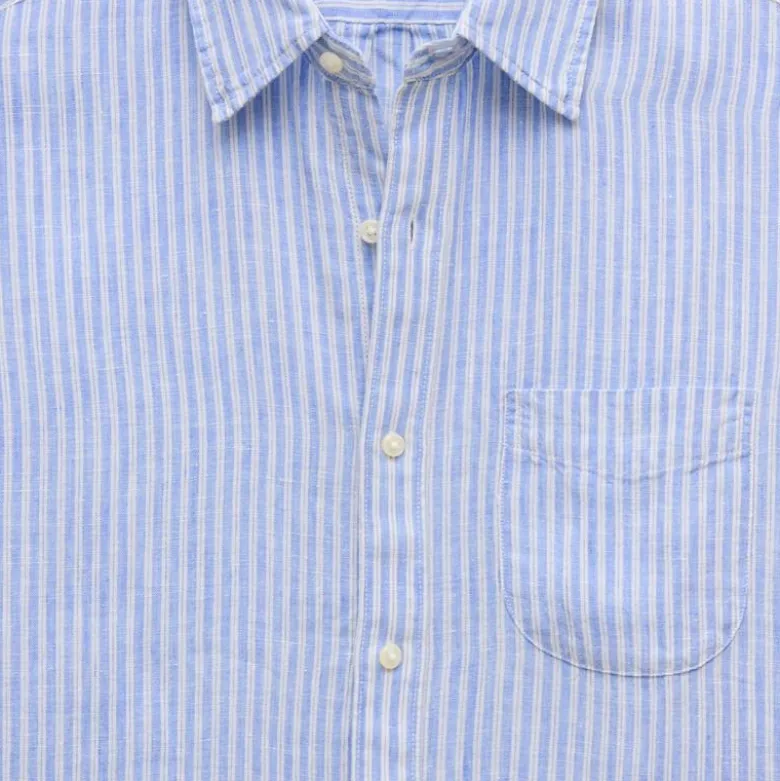Short-sleeve point-collar linen shirt in stripe