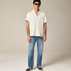 Short-sleeve textured cotton camp-collar shirt