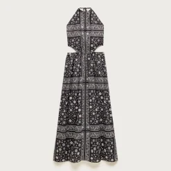 Side-cutout halter dress in bandana-print cotton poplin