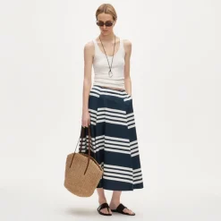 Side-pleat midi skirt in sailor-stripe cotton poplin