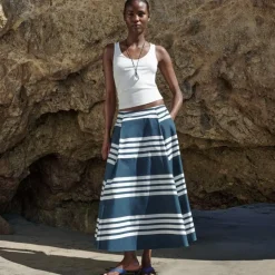 Side-pleat midi skirt in sailor-stripe cotton poplin