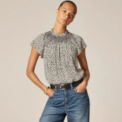 Smocked high-neck top in spot-print crepe de chine