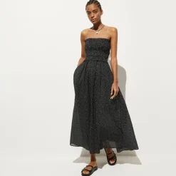 Smocked maxi dress in cotton voile dot print