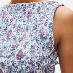 Smocked shell tank top in floral-print cotton
