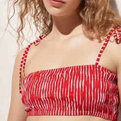 Smocked tie-shoulder top in striped cotton voile