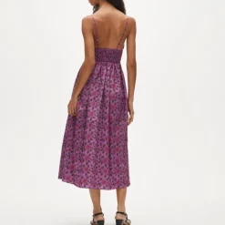 Smocked-waist V-neck dress in iris floral