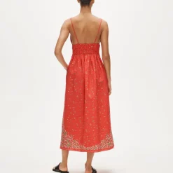 Smocked-waist V-neck dress in map print