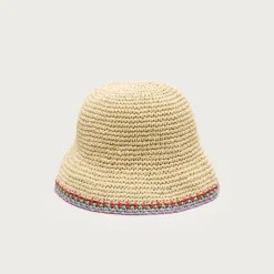 Straw bucket hat with crochet trim