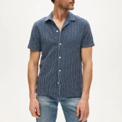 Textured camp-collar knit shirt in stripe