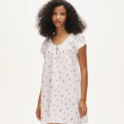 Tie-front mini nightgown in floral-print linen-cotton blend