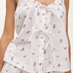 Tie-front pajama short set in floral-print linen-cotton blend