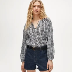 Tie-front popover top in gingham seersucker