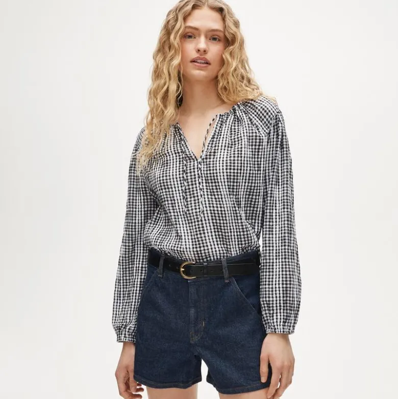 Tie-front popover top in gingham seersucker