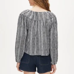 Tie-front popover top in gingham seersucker