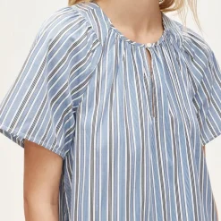 Tiered popover dress in striped cotton poplin