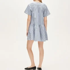 Tiered popover dress in striped cotton poplin