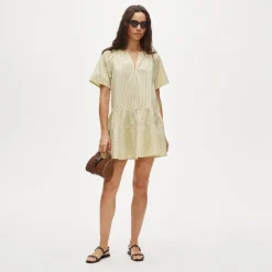 Tiered popover dress in striped cotton poplin