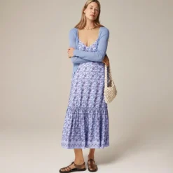 Tiered tie-waist dress in dusty periwinkle block print