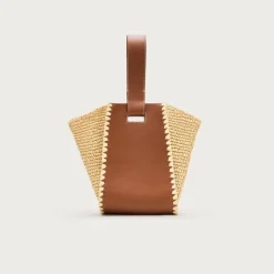 Top-handle bag in handknotted straw and leather
