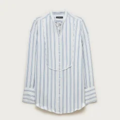 Tuxedo-bib button-up shirt in striped cotton poplin