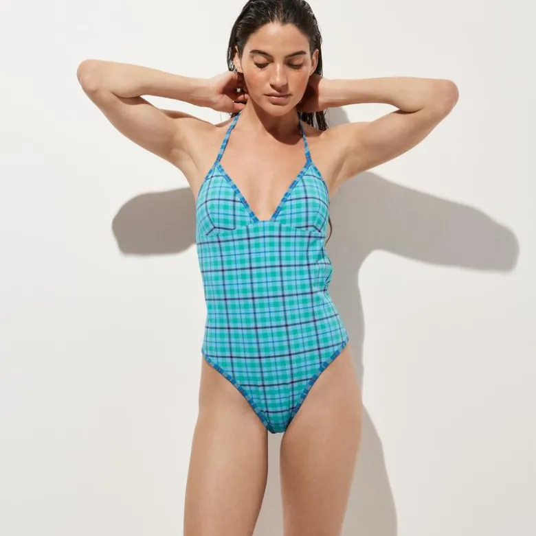 V-neck one-piece in reversible plaid print