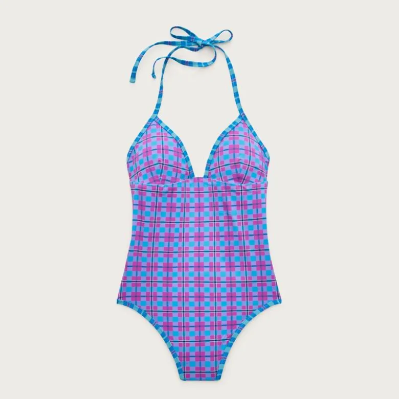 V-neck one-piece in reversible plaid print