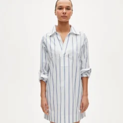 V-neck popover dress in striped cotton poplin