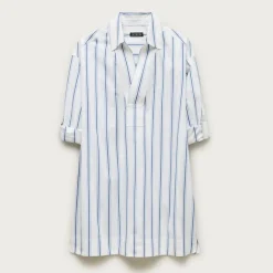 V-neck popover dress in striped cotton poplin