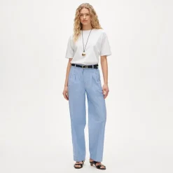 Wide-leg pleated pant in striped cotton