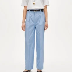 Wide-leg pleated pant in striped cotton