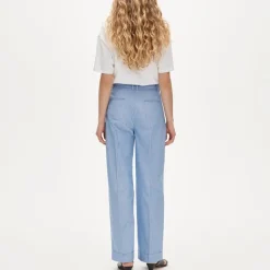 Wide-leg pleated pant in striped cotton