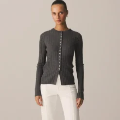 Wide-rib fitted cardigan top in merino wool