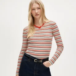Wide-rib high V-neck sweater in striped merino wool