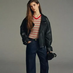 Wide-rib high V-neck sweater in striped merino wool